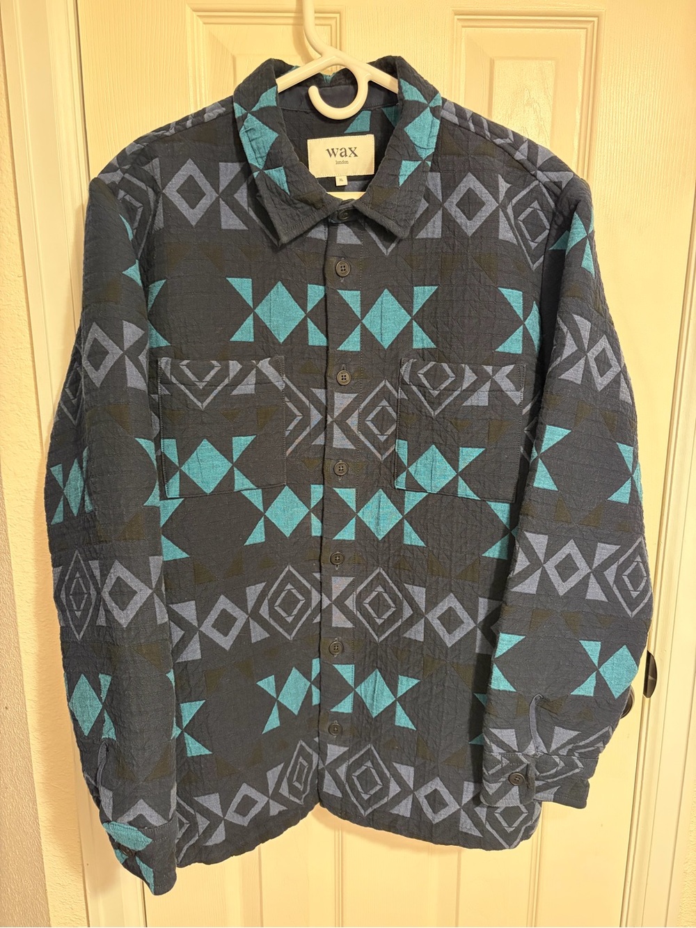 Wax Men’s Quilted Geometric Shirt Jacket in Teal and Navy F/W’25.
